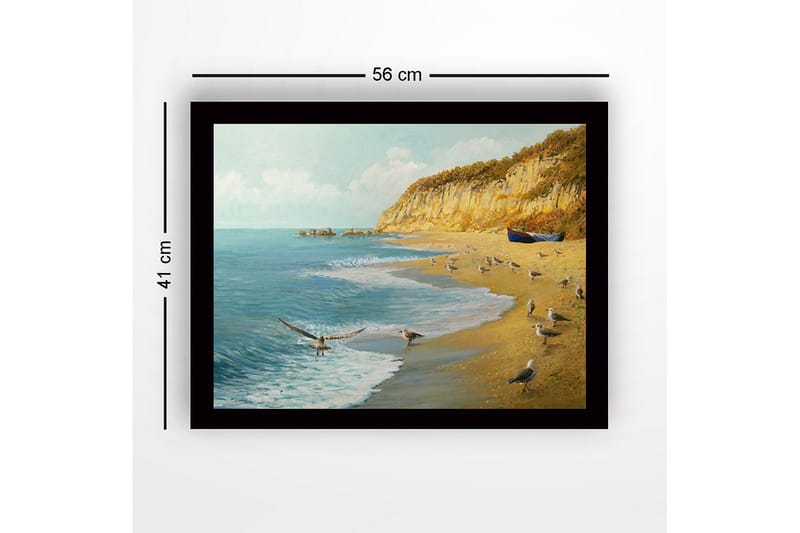 Inramad Canvastavla i trä - 41x56 cm - Strandlandskap med måsar och en båt vid kusten - Blå / Beige / Grön - Inredning & dekor - Tavlor & konst