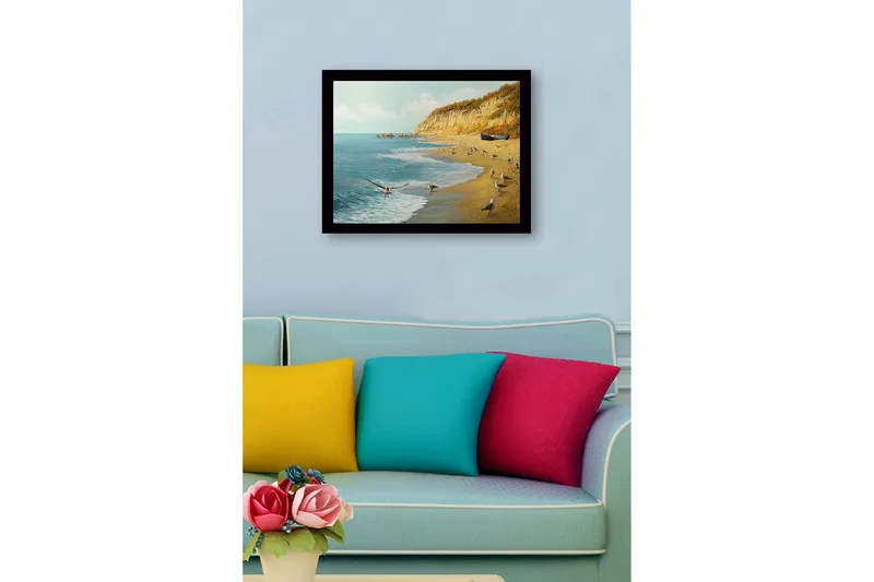 Inramad Canvastavla i trä - 41x56 cm - Strandlandskap med måsar och en båt vid kusten - Blå / Beige / Grön - Inredning & dekor - Tavlor & konst