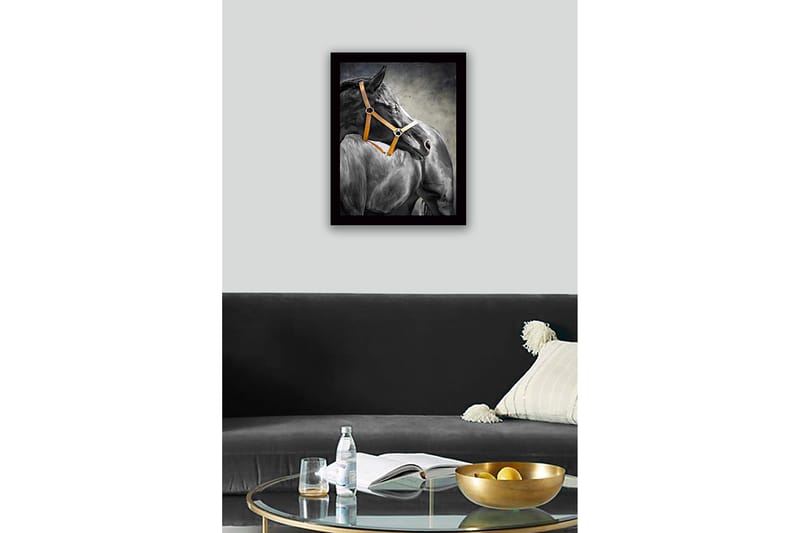 Inramad Canvastavla i trä - 41x56 cm - Svart häst med en orange grimma i profil - Svart / Orange / Grå - Inredning & dekor - Tavlor & konst