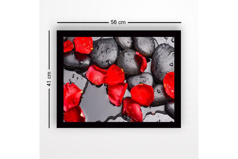 Inramad Canvastavla i trä - 41x56 cm - Svart stenar med röda rosenblad och vattendroppar - Röd / Svart - Inredning & dekor - Tavlor & konst