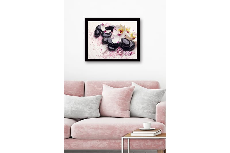 Inramad Canvastavla i trä - 41x56 cm - Svart stenar omgivna av vita och lila orkidéblad - Svart / Vit / Lila - Inredning & dekor - Tavlor & konst