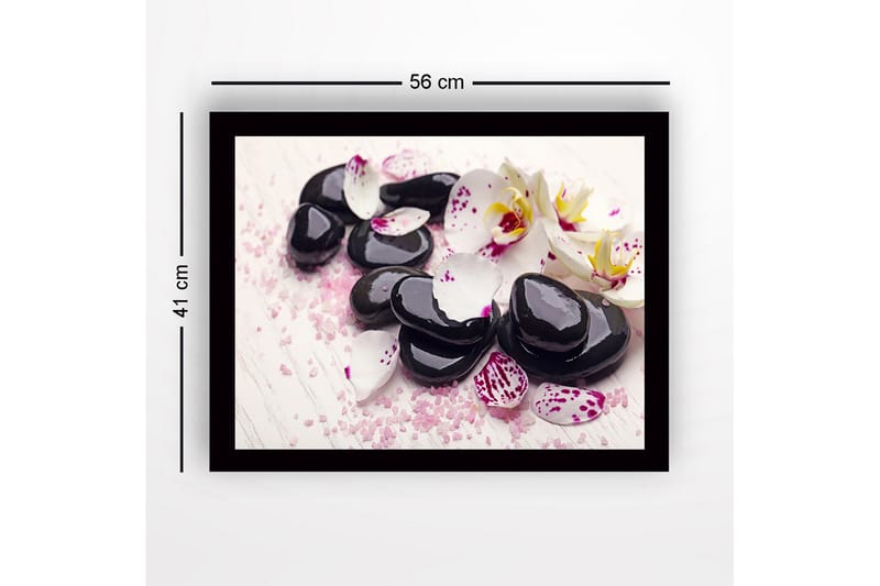 Inramad Canvastavla i trä - 41x56 cm - Svart stenar omgivna av vita och lila orkidéblad - Svart / Vit / Lila - Inredning & dekor - Tavlor & konst