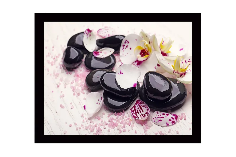 Inramad Canvastavla i trä - 41x56 cm - Svart stenar omgivna av vita och lila orkidéblad, Svart / Vit / Lila