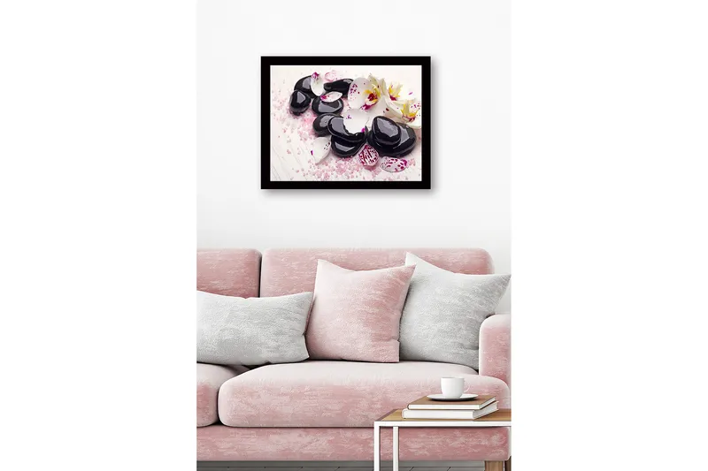 Inramad Canvastavla i trä - 41x56 cm - Svart stenar omgivna av vita och lila orkidéblad - Svart / Vit / Lila - Inredning & dekor - Tavlor & konst