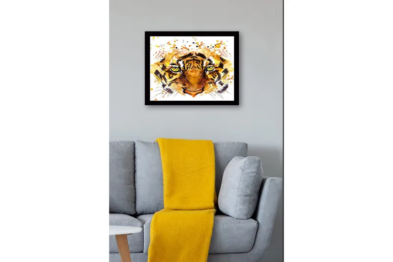 Inramad Canvastavla i trä - 41x56 cm - Tigeransikte med intensiva ögon - Orange / Brun / Grön - Inredning & dekor - Tavlor & konst