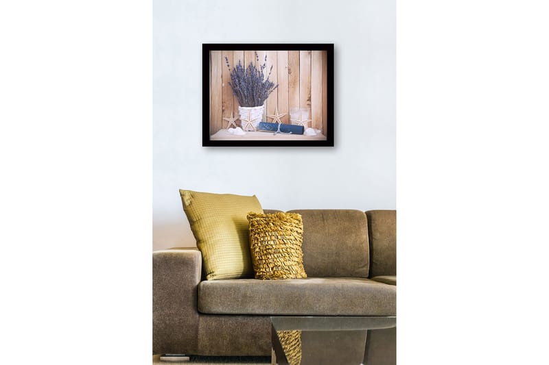 Inramad Canvastavla i trä - 41x56 cm - Torkad lavendel i en vit korg med sjöstjärnor och en rulle papper - Lila / Vit / Blå - Inredning & dekor - Tavlor & konst
