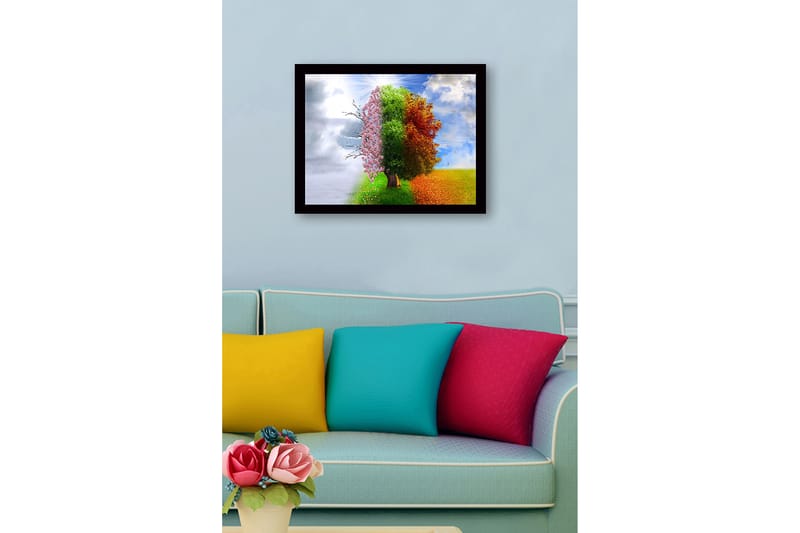 Inramad Canvastavla i trä - 41x56 cm - Träd som representerar de fyra årstiderna i en harmonisk komposition - Rosa / Grön / Orange - Inredning & dekor - Tavlor & konst