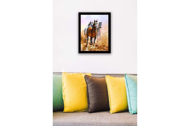Inramad Canvastavla i trä - 41x56 cm - Tre hästar i rörelse genom en dammig landskap - Brun / Vit / Beige - Inredning & dekor - Tavlor & konst