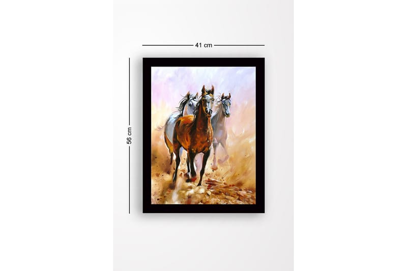 Inramad Canvastavla i trä - 41x56 cm - Tre hästar i rörelse genom en dammig landskap - Brun / Vit / Beige - Inredning & dekor - Tavlor & konst
