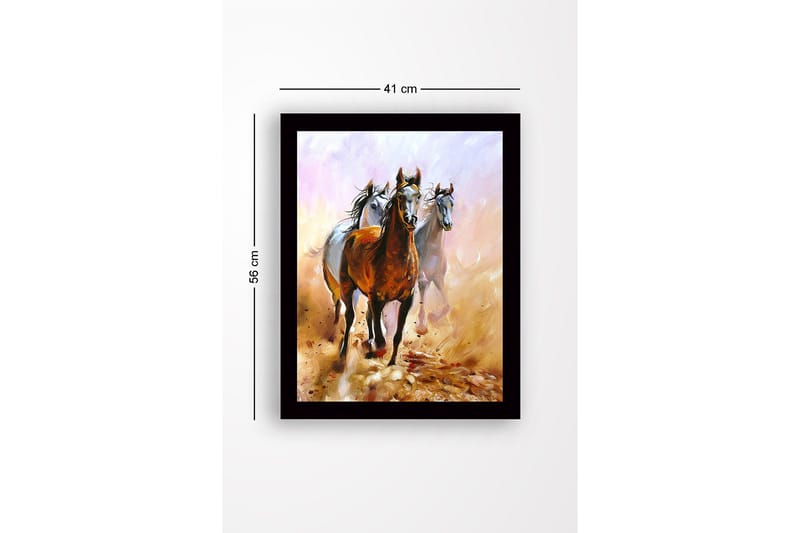 Inramad Canvastavla i trä - 41x56 cm - Tre hästar i rörelse genom en dammig landskap - Brun / Vit / Beige - Inredning & dekor - Tavlor & konst