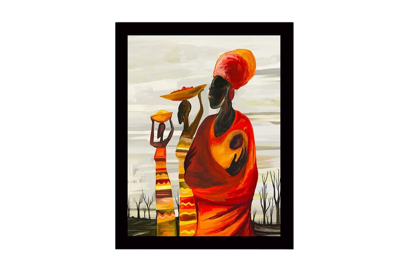 Inramad Canvastavla i trä - 41x56 cm - Tre kvinnor bärande på skålar och barn i en färgglad och uttrycksfull komposition, Röd / Orange / Gul