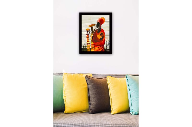 Inramad Canvastavla i trä - 41x56 cm - Tre kvinnor bärande på skålar och barn i en färgglad och uttrycksfull komposition - Röd / Orange / Gul - Inredning & dekor - Tavlor & konst