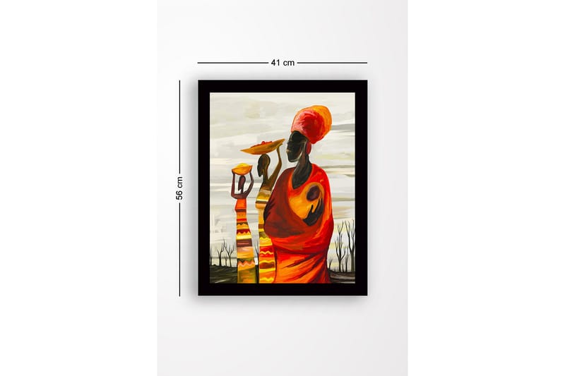 Inramad Canvastavla i trä - 41x56 cm - Tre kvinnor bärande på skålar och barn i en färgglad och uttrycksfull komposition - Röd / Orange / Gul - Inredning & dekor - Tavlor & konst