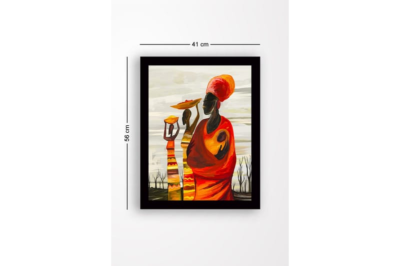 Inramad Canvastavla i trä - 41x56 cm - Tre kvinnor bärande på skålar och barn i en färgglad och uttrycksfull komposition - Röd / Orange / Gul - Inredning & dekor - Tavlor & konst