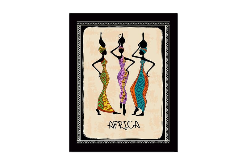 Inramad Canvastavla i trä - 41x56 cm - Tre stiliserade kvinnor i färgglada klänningar med traditionella mönster - Svart / Orange / Grön - Inredning & dekor - Tavlor & konst