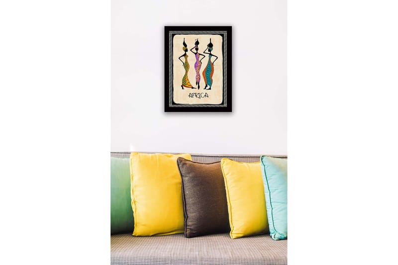 Inramad Canvastavla i trä - 41x56 cm - Tre stiliserade kvinnor i färgglada klänningar med traditionella mönster - Svart / Orange / Grön - Inredning & dekor - Tavlor & konst
