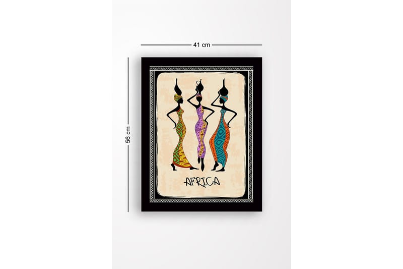Inramad Canvastavla i trä - 41x56 cm - Tre stiliserade kvinnor i färgglada klänningar med traditionella mönster - Svart / Orange / Grön - Inredning & dekor - Tavlor & konst