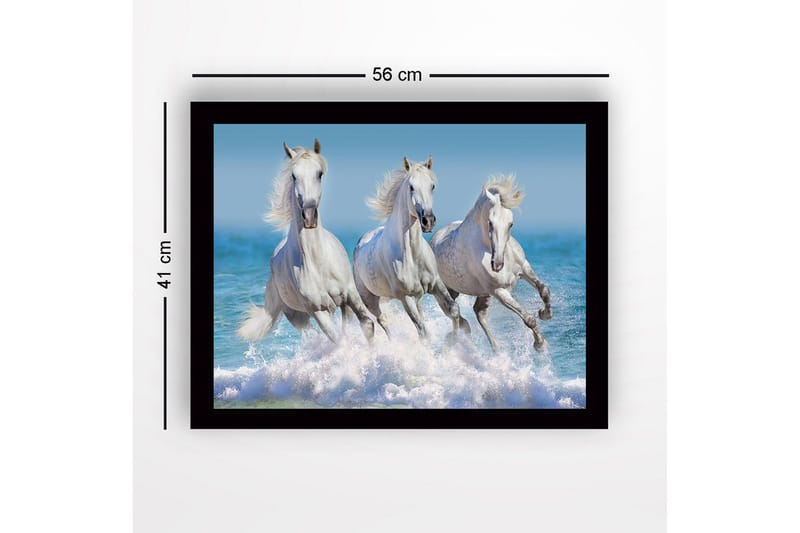 Inramad Canvastavla i trä - 41x56 cm - Tre vita hästar som galopperar genom vågorna - Vit / Blå / Turkos - Inredning & dekor - Tavlor & konst