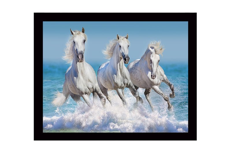 Inramad Canvastavla i trä - 41x56 cm - Tre vita hästar som galopperar genom vågorna - Vit / Blå / Turkos - Inredning & dekor - Tavlor & konst