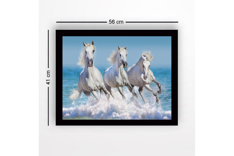 Inramad Canvastavla i trä - 41x56 cm - Tre vita hästar som galopperar genom vågorna - Vit / Blå / Turkos - Inredning & dekor - Tavlor & konst
