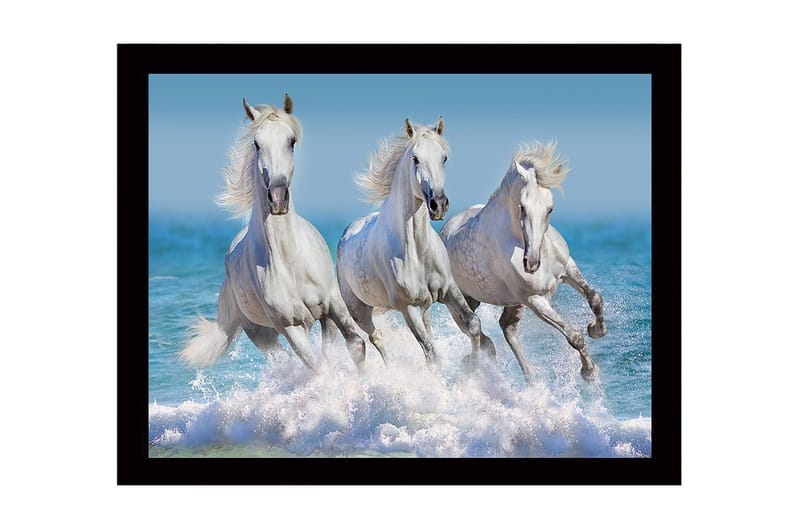 Inramad Canvastavla i trä - 41x56 cm - Tre vita hästar som galopperar genom vågorna - Vit / Blå / Turkos - Inredning & dekor - Tavlor & konst