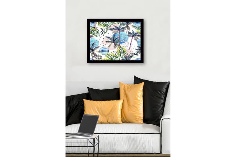 Inramad Canvastavla i trä - 41x56 cm - Tropisk landskap med palmer och färgglada cirklar - Grön / Blå / Rosa - Inredning & dekor - Tavlor & konst