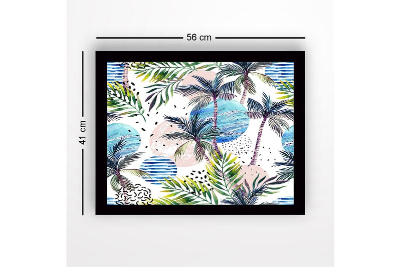 Inramad Canvastavla i trä - 41x56 cm - Tropisk landskap med palmer och färgglada cirklar - Grön / Blå / Rosa - Inredning & dekor - Tavlor & konst