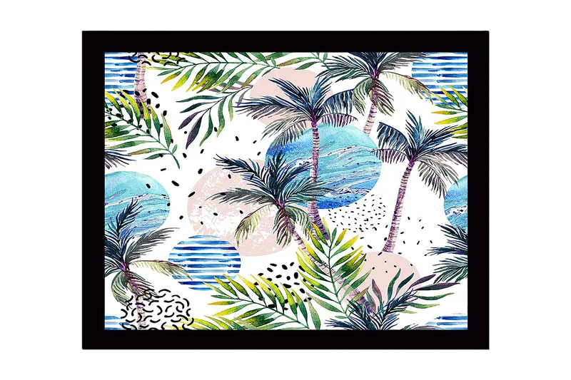 Inramad Canvastavla i trä - 41x56 cm - Tropisk landskap med palmer och färgglada cirklar, Grön / Blå / Rosa