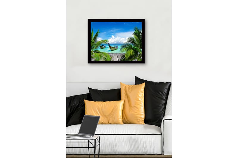 Inramad Canvastavla i trä - 41x56 cm - Tropisk strand med båtar och palmer - Turkos / Grön / Blå - Inredning & dekor - Tavlor & konst