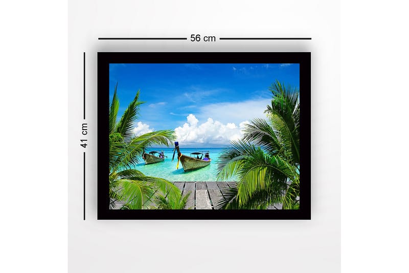 Inramad Canvastavla i trä - 41x56 cm - Tropisk strand med båtar och palmer - Turkos / Grön / Blå - Inredning & dekor - Tavlor & konst