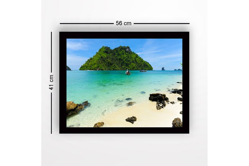 Inramad Canvastavla i trä - 41x56 cm - Tropisk strand med klarblått vatten och grönskande öar - Turkos / Grön / Beige - Inredning & dekor - Tavlor & konst