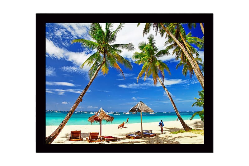 Inramad Canvastavla i trä - 41x56 cm - Tropisk strand med palmer och solstolar - Blå / Grön / Beige - Inredning & dekor - Tavlor & konst