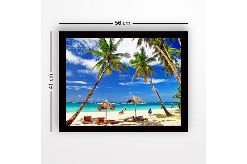 Inramad Canvastavla i trä - 41x56 cm - Tropisk strand med palmer och solstolar - Blå / Grön / Beige - Inredning & dekor - Tavlor & konst