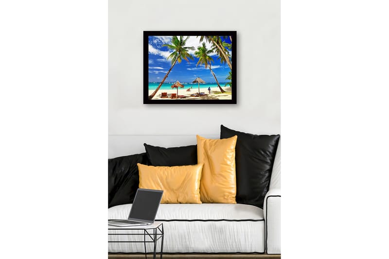 Inramad Canvastavla i trä - 41x56 cm - Tropisk strand med palmer och solstolar - Blå / Grön / Beige - Inredning & dekor - Tavlor & konst