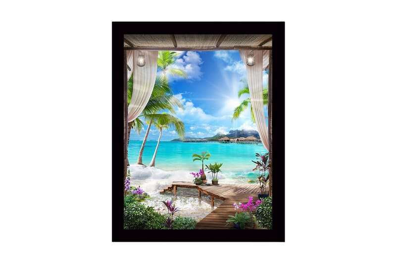 Inramad Canvastavla i trä - 41x56 cm - Tropisk utsikt med palmer och klarblått hav - Turkos / Grön / Lila - Inredning & dekor - Tavlor & konst