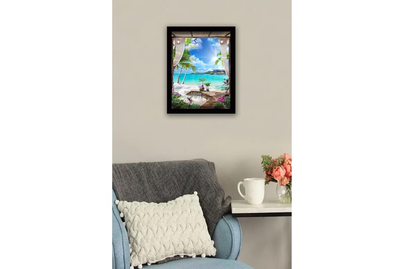 Inramad Canvastavla i trä - 41x56 cm - Tropisk utsikt med palmer och klarblått hav - Turkos / Grön / Lila - Inredning & dekor - Tavlor & konst