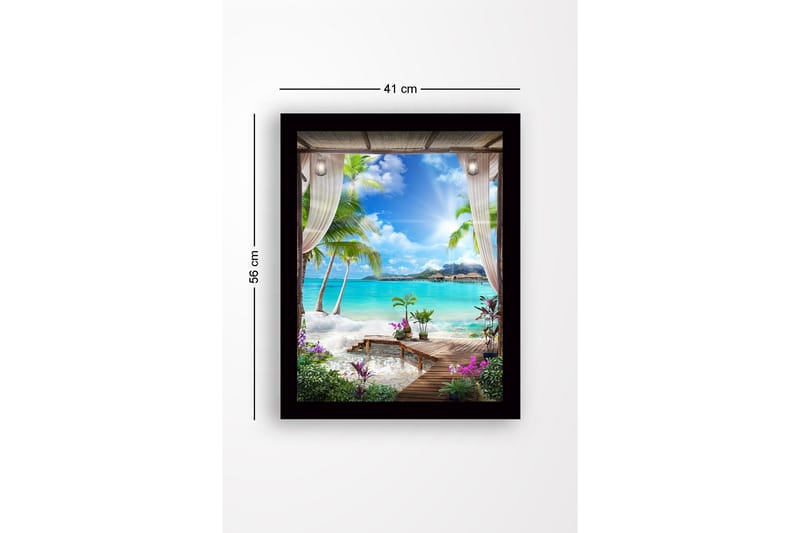 Inramad Canvastavla i trä - 41x56 cm - Tropisk utsikt med palmer och klarblått hav - Turkos / Grön / Lila - Inredning & dekor - Tavlor & konst