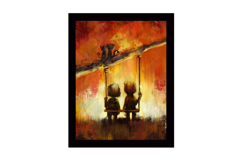 Inramad Canvastavla i trä - 41x56 cm - Två barn som gungar tillsammans under en färgglad himmel - Röd / Orange / Svart - Inredning & dekor - Tavlor & konst