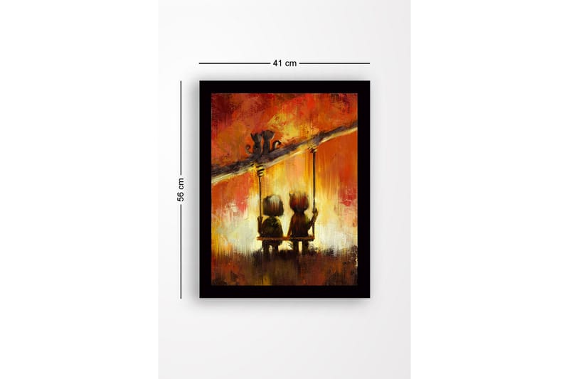 Inramad Canvastavla i trä - 41x56 cm - Två barn som gungar tillsammans under en färgglad himmel - Röd / Orange / Svart - Inredning & dekor - Tavlor & konst