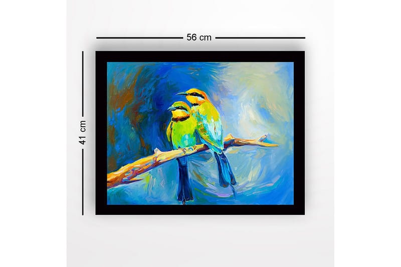 Inramad Canvastavla i trä - 41x56 cm - Två färgglada fåglar på en gren - Grön / Blå / Gul - Inredning & dekor - Tavlor & konst