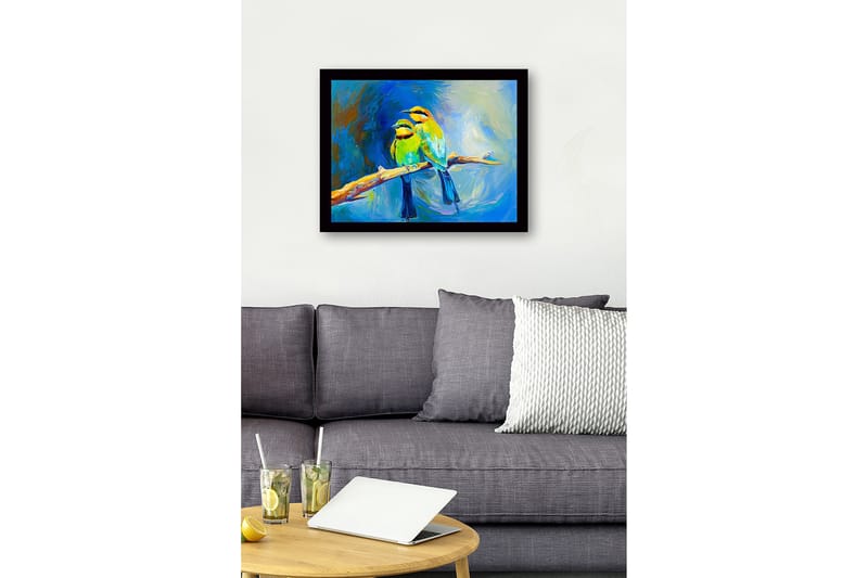 Inramad Canvastavla i trä - 41x56 cm - Två färgglada fåglar på en gren - Grön / Blå / Gul - Inredning & dekor - Tavlor & konst