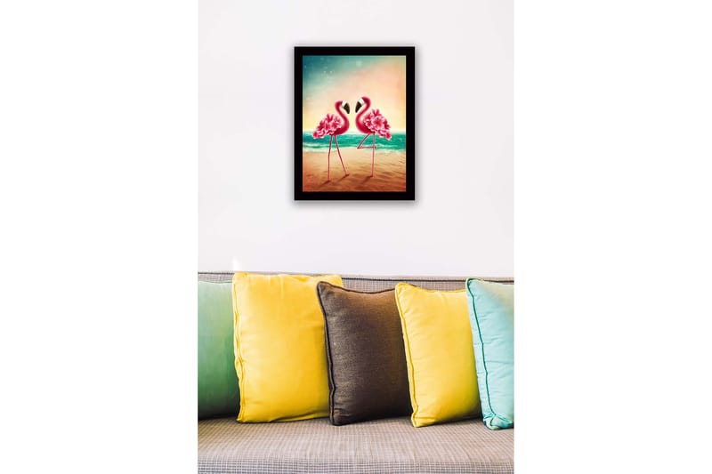 Inramad Canvastavla i trä - 41x56 cm - Två flamingos med blomsterdetaljer som står nära varandra vid havet - Rosa / Turkos / Beige - Inredning & dekor - Tavlor & konst