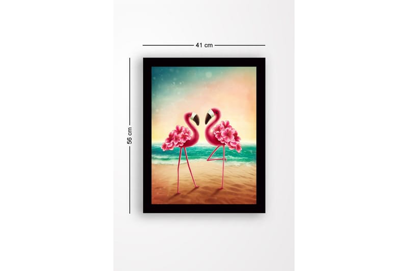Inramad Canvastavla i trä - 41x56 cm - Två flamingos med blomsterdetaljer som står nära varandra vid havet - Rosa / Turkos / Beige - Inredning & dekor - Tavlor & konst