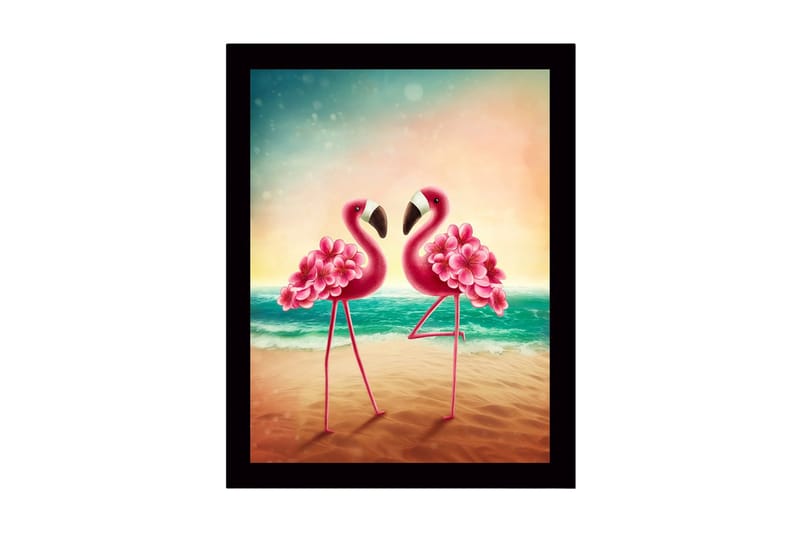Inramad Canvastavla i trä - 41x56 cm - Två flamingos med blomsterdetaljer som står nära varandra vid havet - Rosa / Turkos / Beige - Inredning & dekor - Tavlor & konst