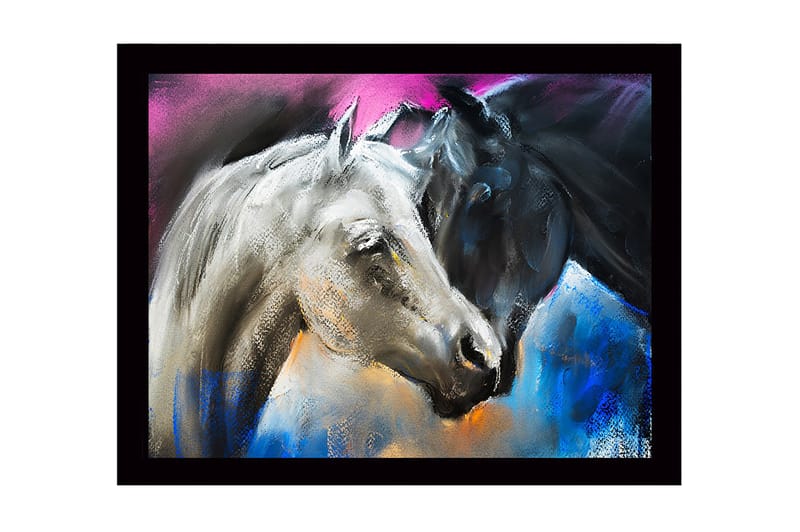 Inramad Canvastavla i trä - 41x56 cm - Två hästar i kontrasterande färger, en vit och en svart, som möts i en dynamisk komposition - Vit / Svart / Blå - Inredning & dekor - Tavlor & konst