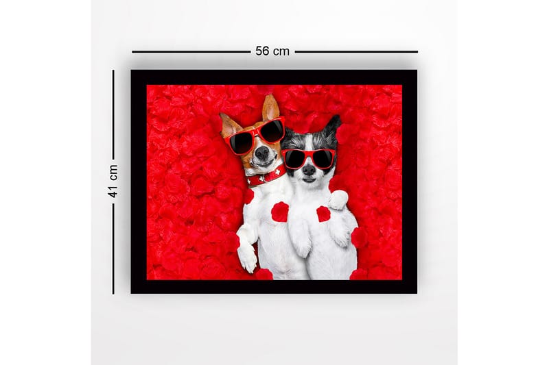 Inramad Canvastavla i trä - 41x56 cm - Två hundar i solglasögon omgivna av röda rosblad - Röd / Svart / Vit - Inredning & dekor - Tavlor & konst