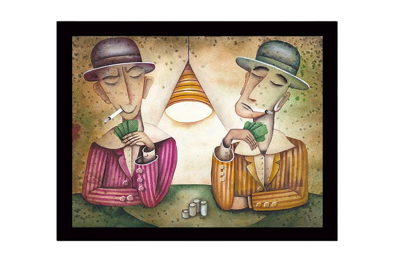 Inramad Canvastavla i trä - 41x56 cm - Två män som spelar kort under en lampa - Grön / Brun / Beige - Inredning & dekor - Tavlor & konst