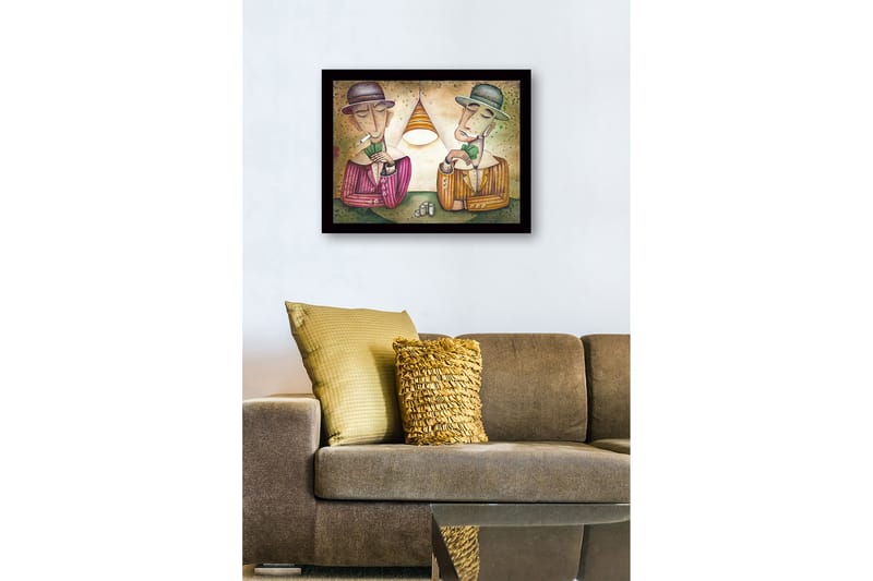 Inramad Canvastavla i trä - 41x56 cm - Två män som spelar kort under en lampa - Grön / Brun / Beige - Inredning & dekor - Tavlor & konst