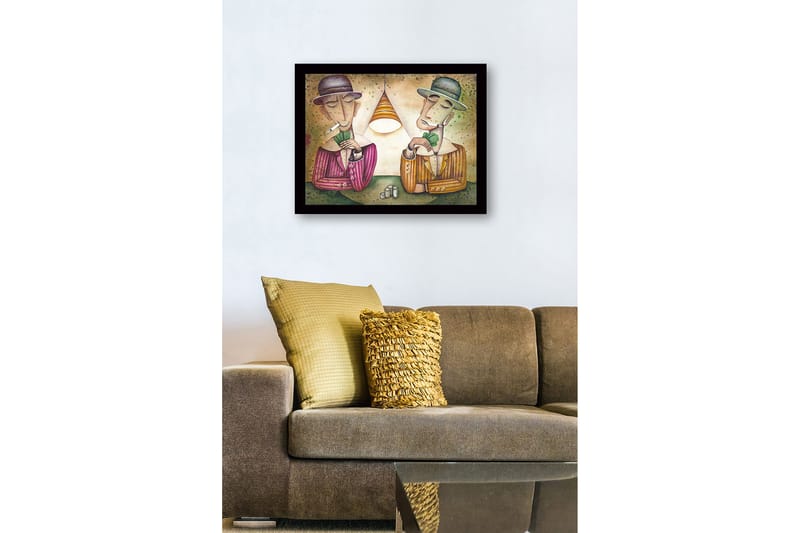 Inramad Canvastavla i trä - 41x56 cm - Två män som spelar kort under en lampa - Grön / Brun / Beige - Inredning & dekor - Tavlor & konst