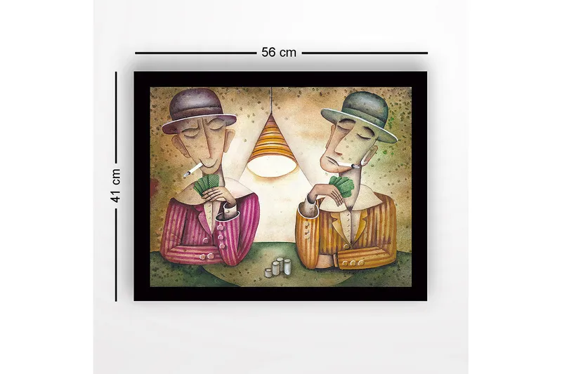 Inramad Canvastavla i trä - 41x56 cm - Två män som spelar kort under en lampa - Grön / Brun / Beige - Inredning & dekor - Tavlor & konst